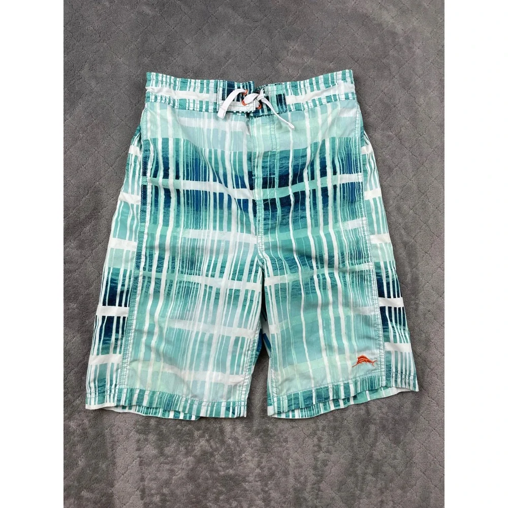 Tommy Bahama Kids XL Swim Trunks Teal White‎ Plaid Board Shorts RN15101